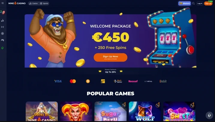 Screenshot of the official Nine Casino international homepage